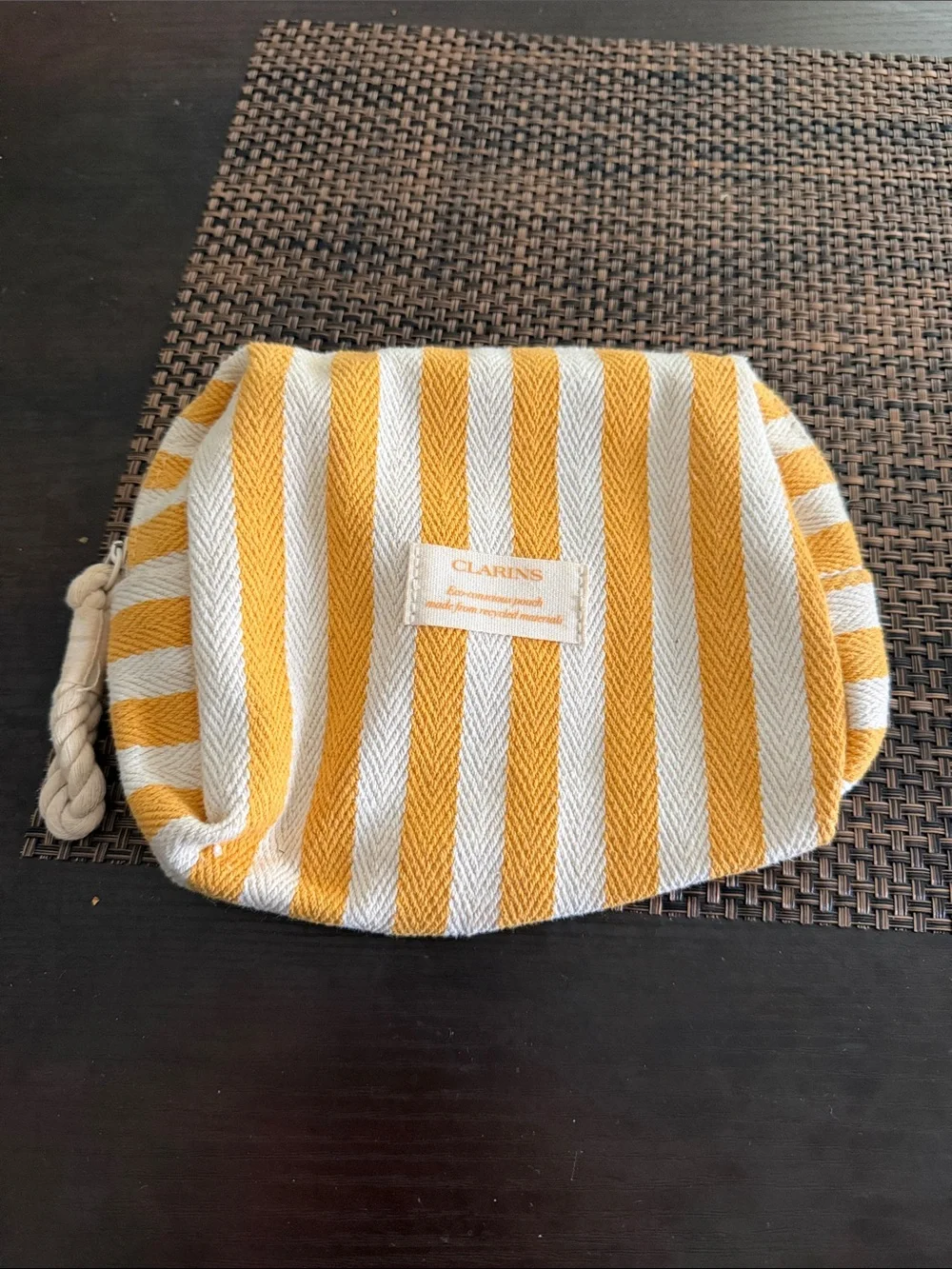 Clarins Golden Yellow and White Striped Travel Cosmetic Pouch